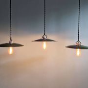 Trio of large industrial suspensions in green enamelled sheet metal.