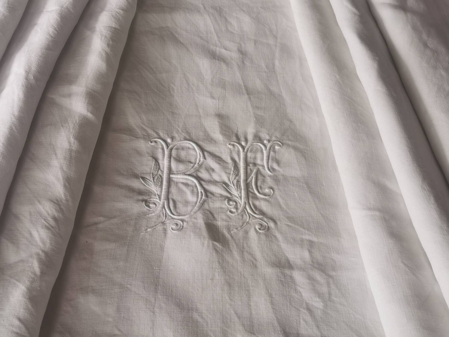 Old very large linen sheet monogrammed BF