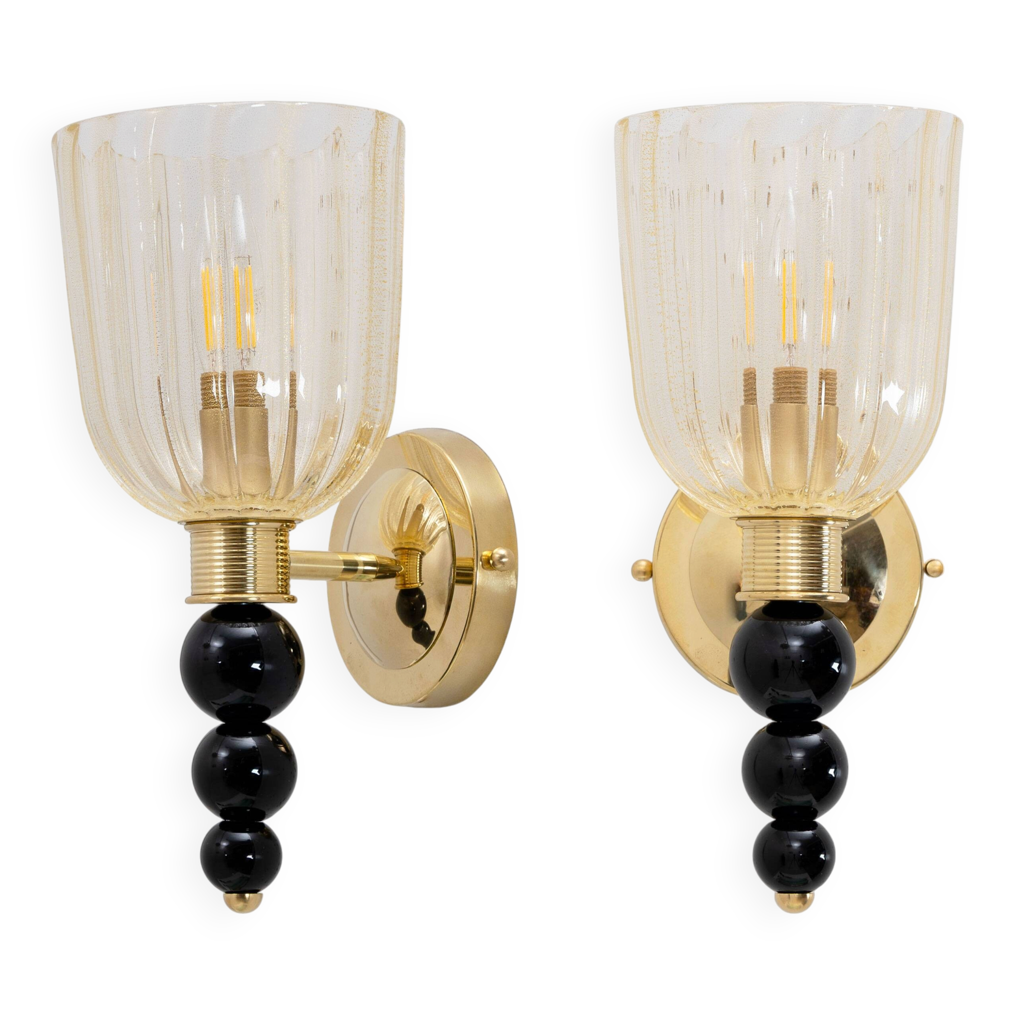 Pair of Italian Murano Glass Wall Sconces with Gold Dust Inclusions and Bra