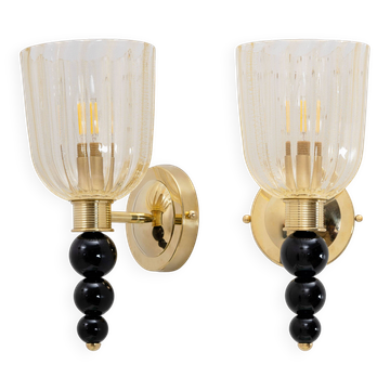 Pair of Italian Murano Glass Wall Sconces with Gold Dust Inclusions and Bra