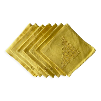 Set of 6 old towels of convent "sunflower" yellow - mixed breed linen / cotton - 40x43cm