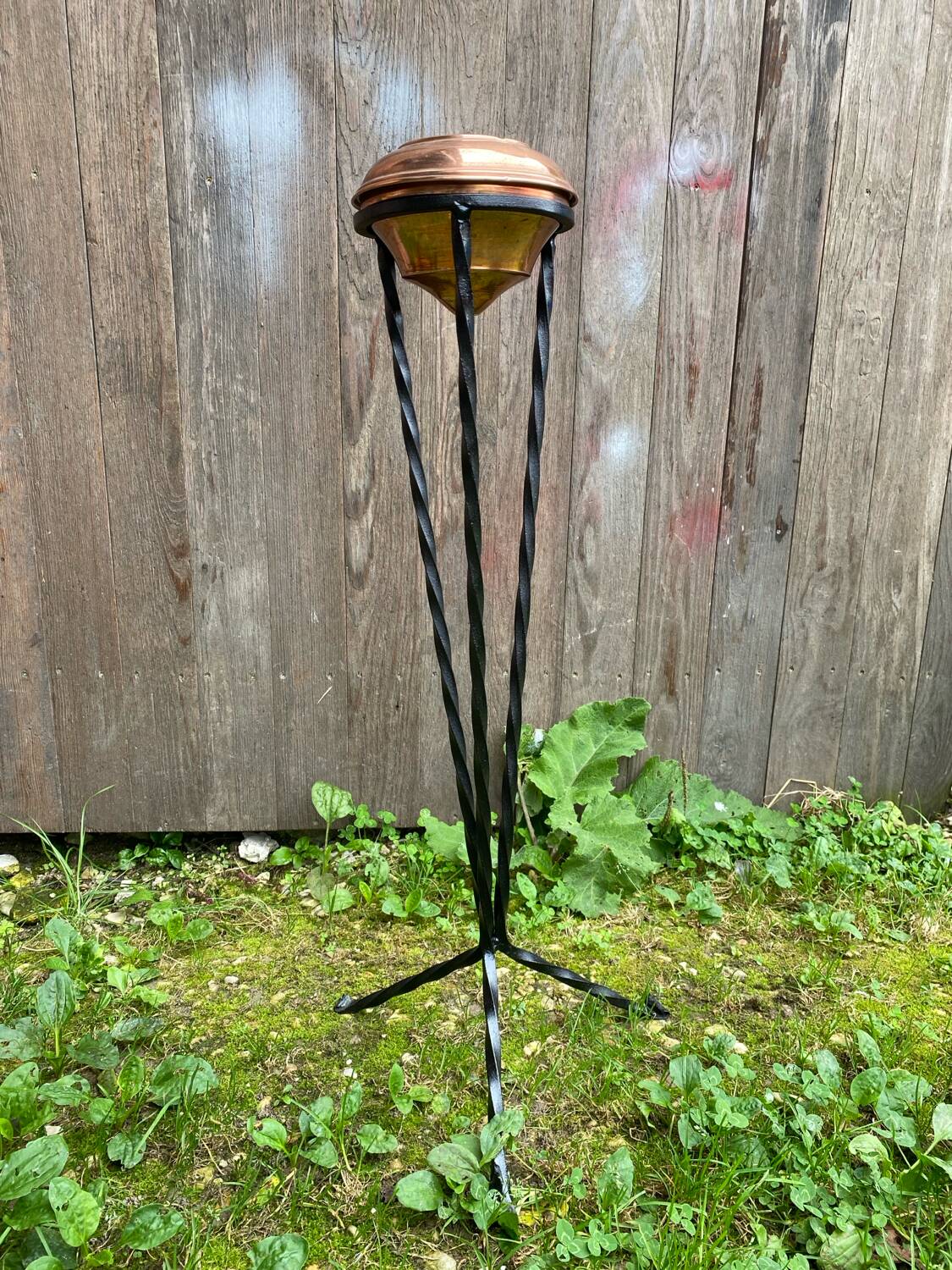 Antique copper ashtray on wrought iron stand twisted black vintage