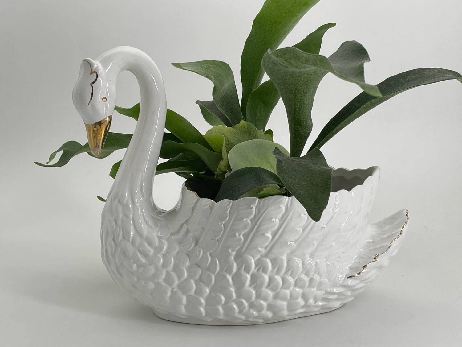 Vintage swan pot holder in white and gold ceramic