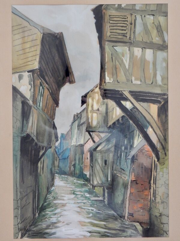 Aquarelle encadrée maisons à colombages