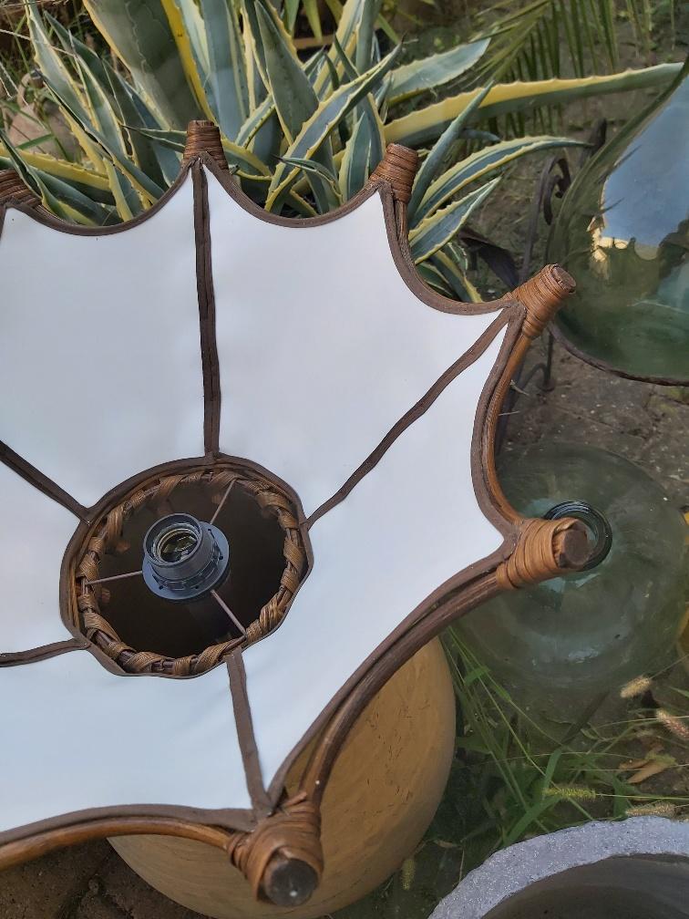 Scandinavian rattan hanging lamp, wood and vintage fabric