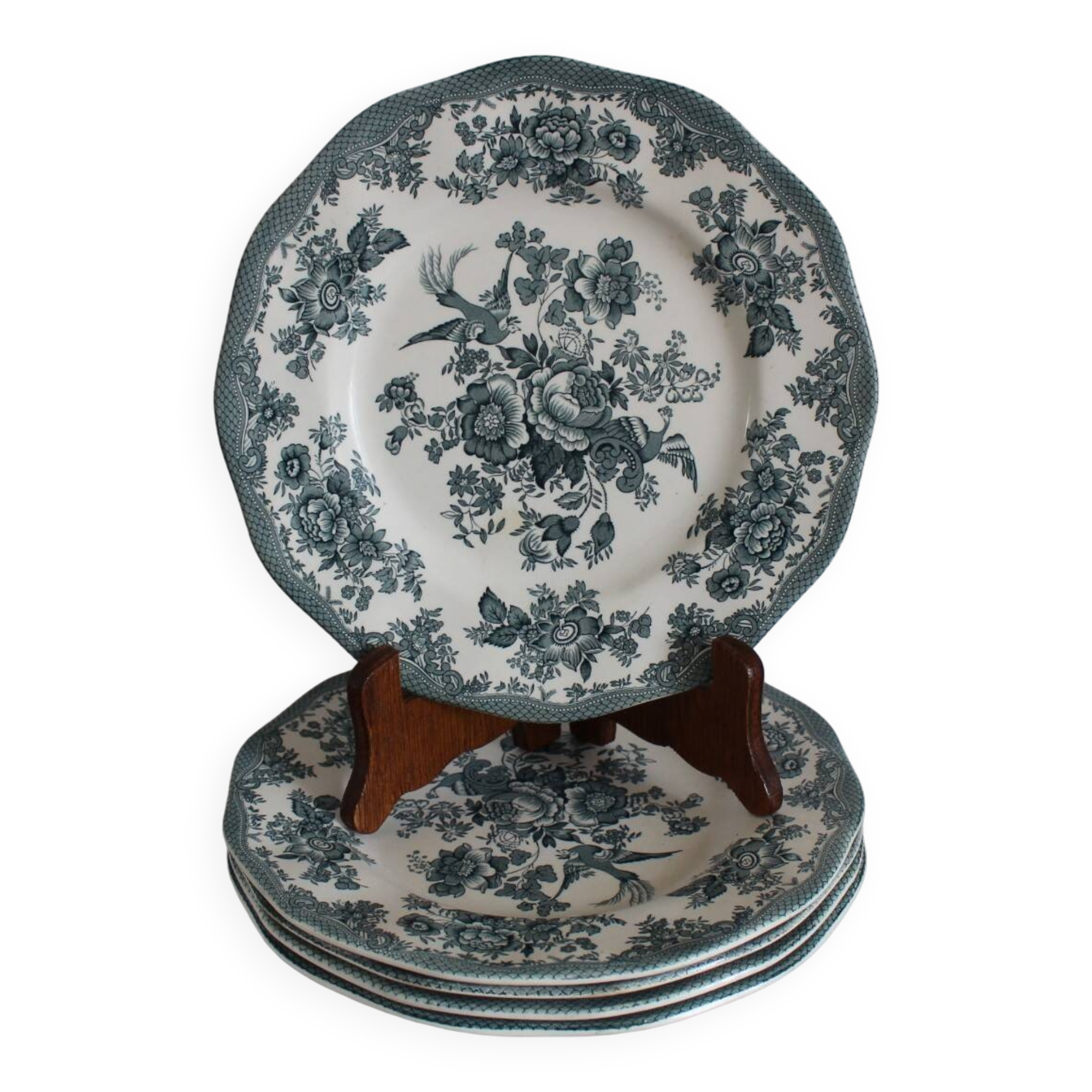 Enoch Wedgwood Green Plates x5, Asiatic Pheasants