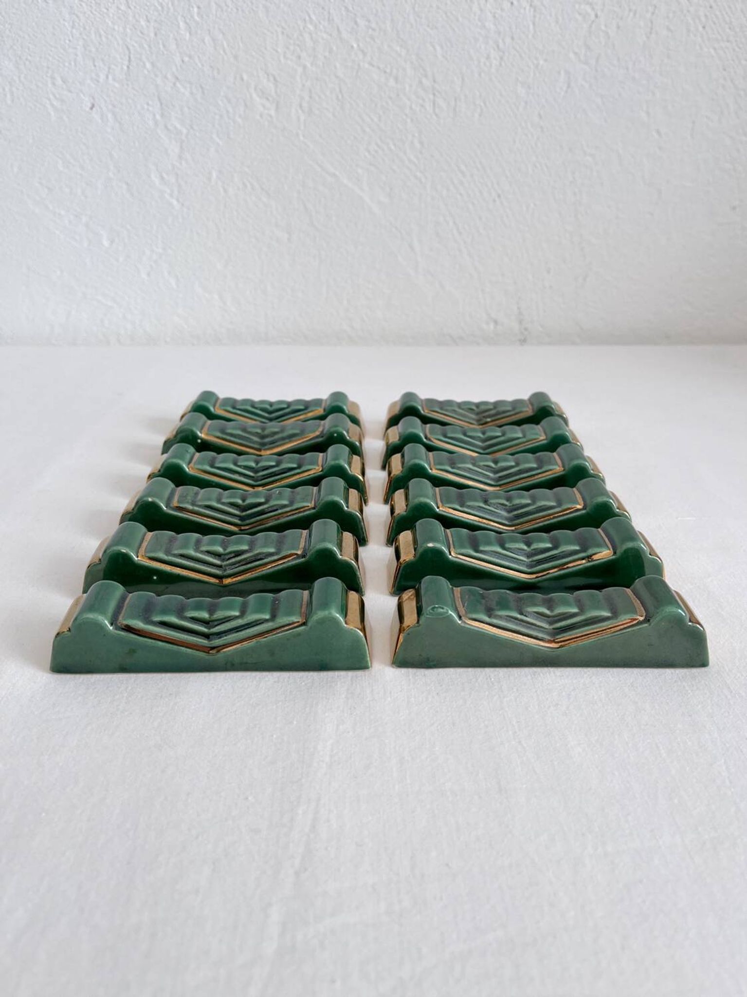 12 vintage green and gold ceramic knife holders from the 50s