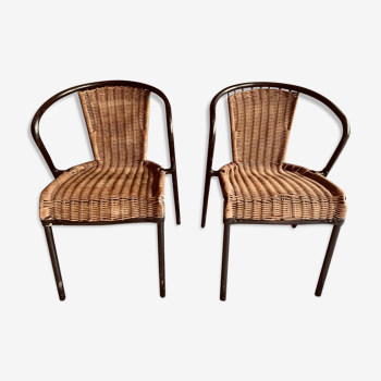 Pair of metal and wicker armchairs 50s