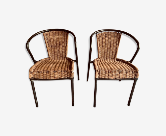 Paire de fauteuils en métal et osier années 50