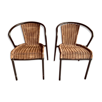 Pair of metal and wicker armchairs 50s