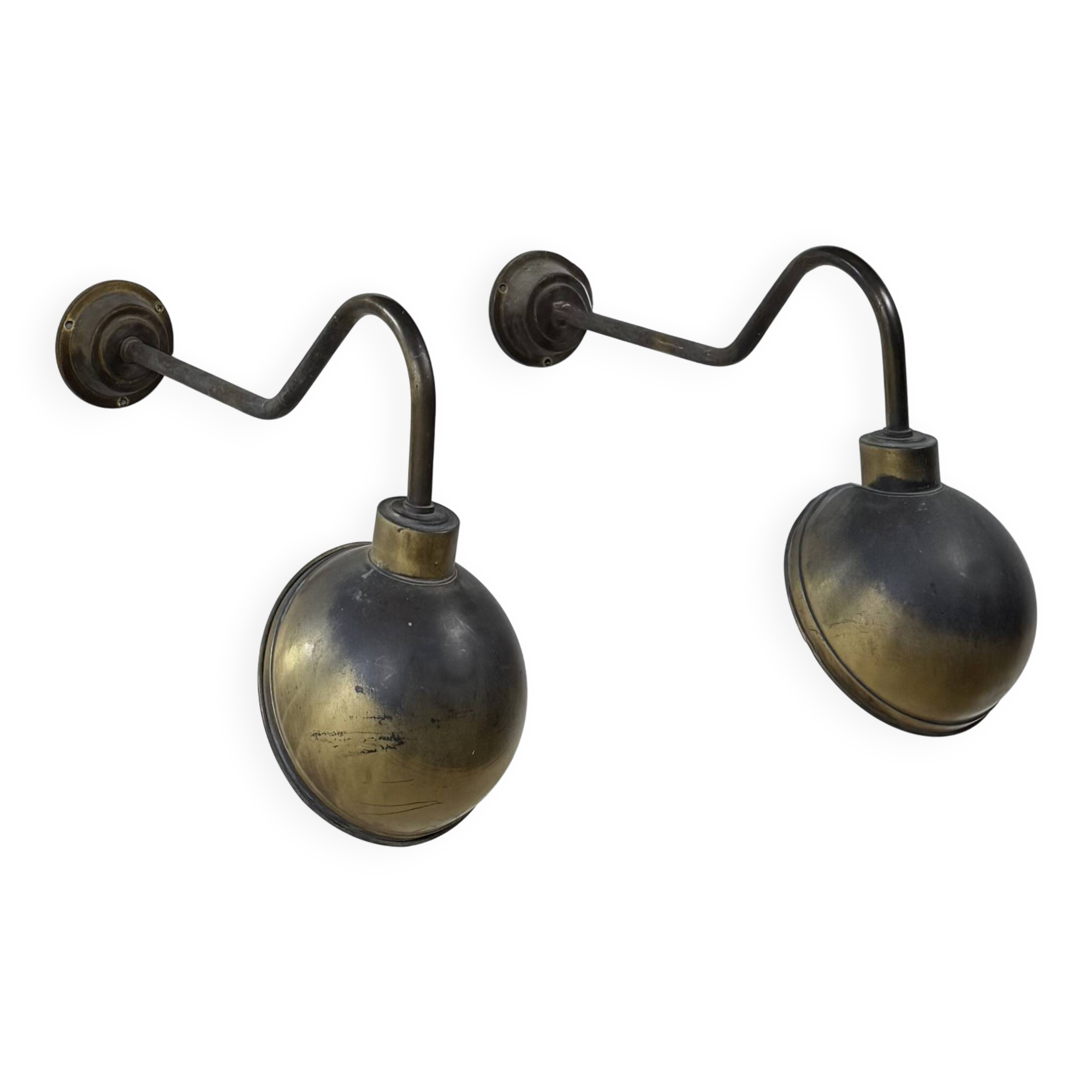 Pair of XL patinated brass wall lights, France, 1970.