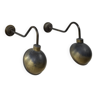 Pair of XL patinated brass wall lights, France, 1970.