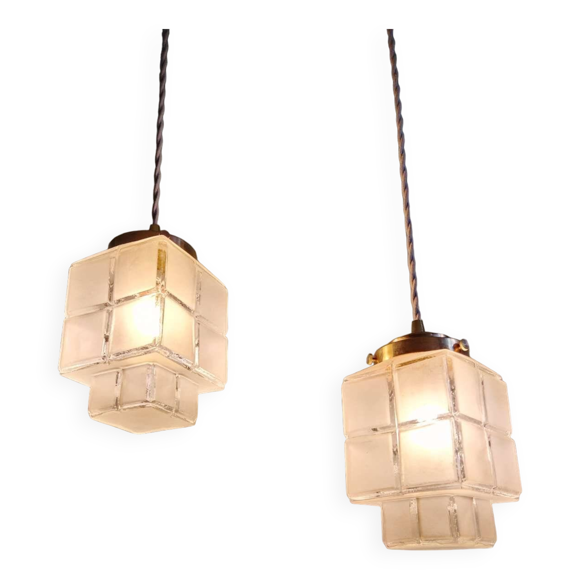 Pair of Art Deco Skyscraper satin glass pendant lights, 1930s