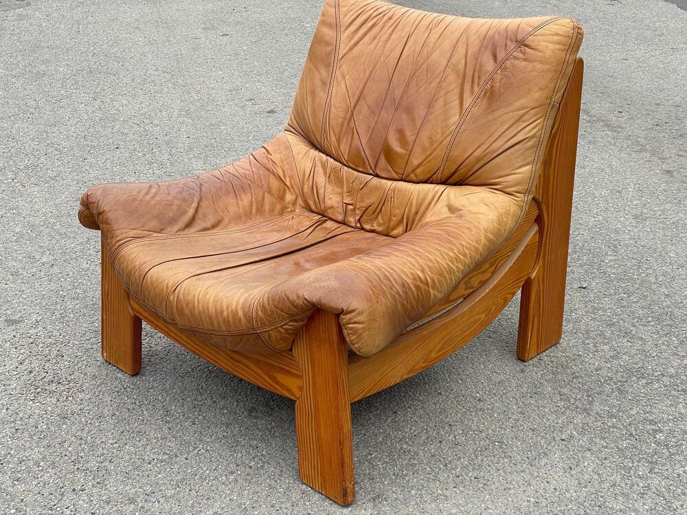 Vintage leather and pine lounge chair by Maison Regain, 1970s