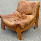 Vintage leather and pine lounge chair by Maison Regain, 1970s