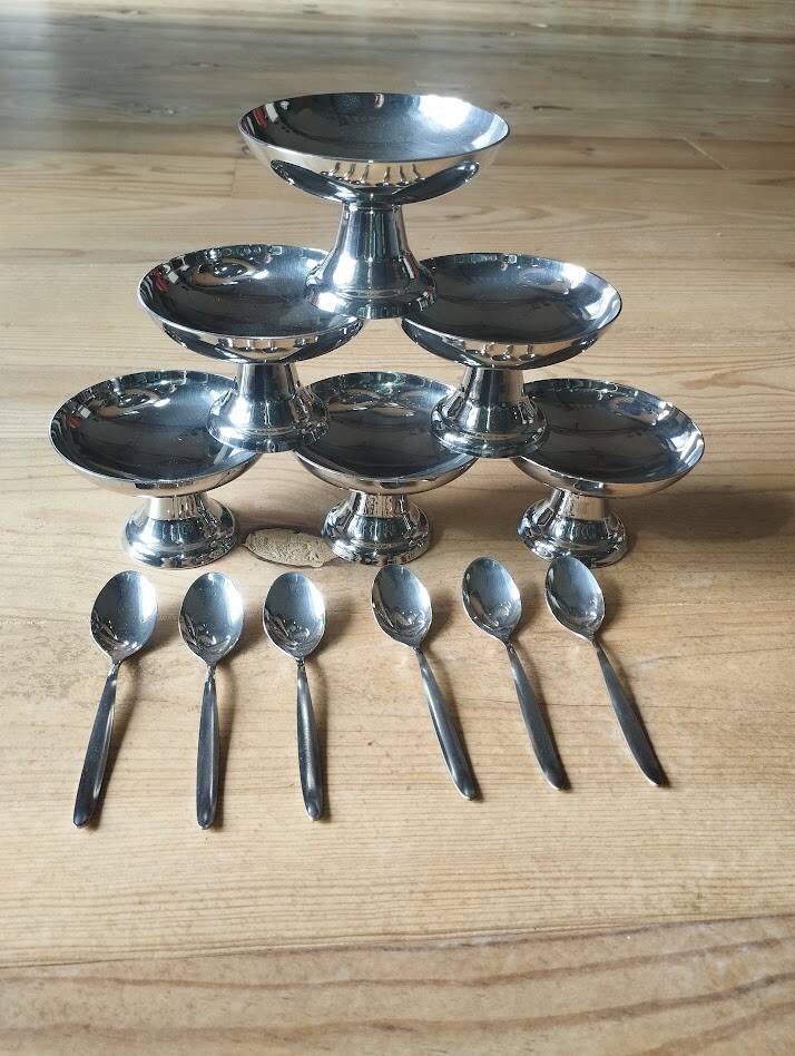 Vintage ice cream or dessert service in stainless steel