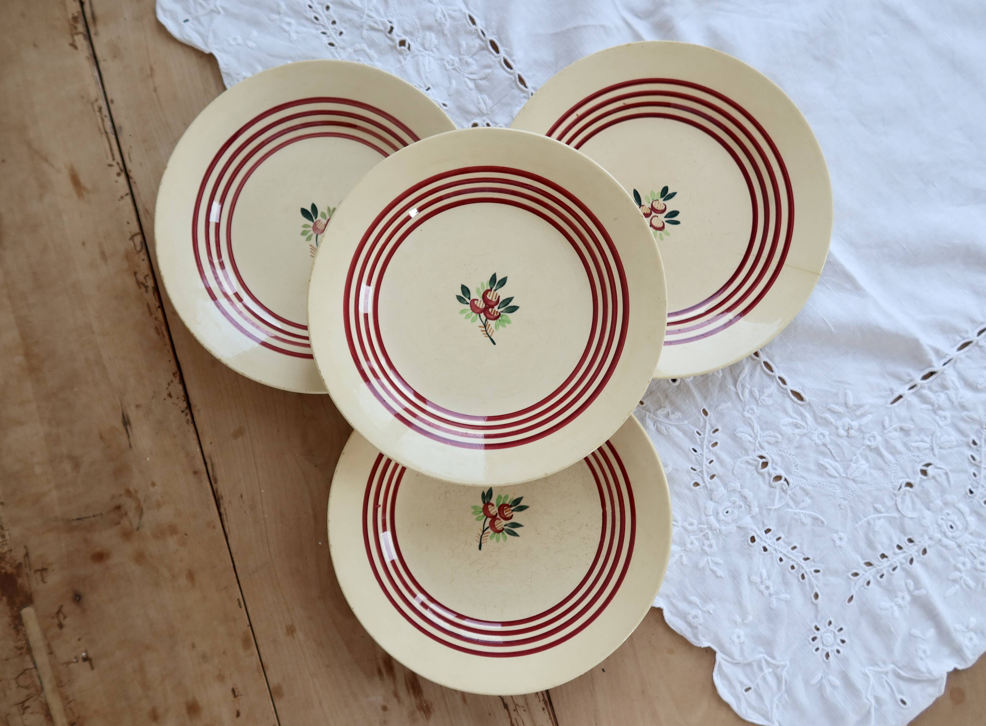 4 vintage Gien ironstone deep plates – Red floral pattern