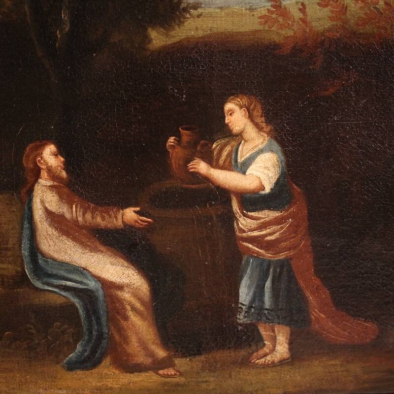 Antique Spanish painting of Jesus and the Samaritan woman at the well