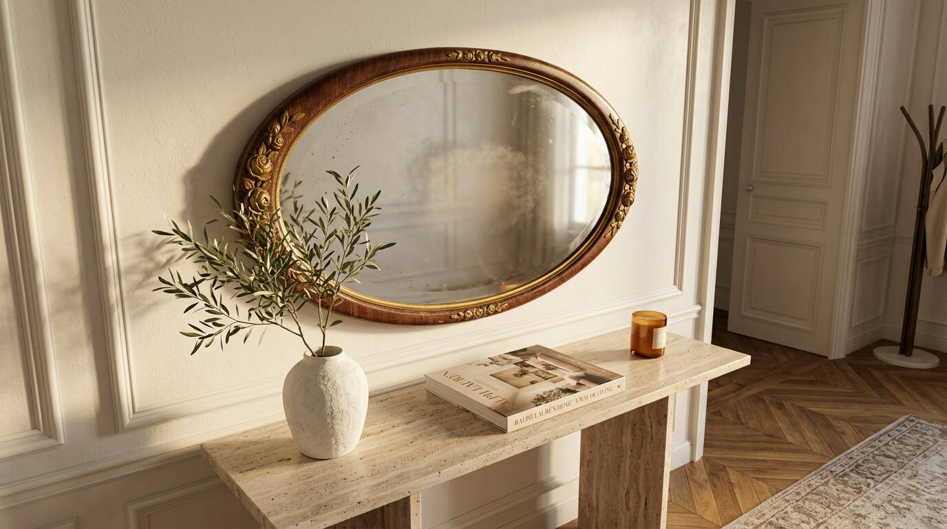 Vintage oval mirror – Patinated gold floral decorative frame