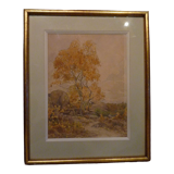 Aquarelle encadrée, paysage d'automne à Fontainebleau, 1936