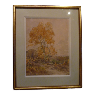 Aquarelle encadrée, paysage d'automne à Fontainebleau, 1936