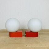 Pair of red Inda space age wall lights, opaline globe, 1970