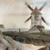 Landscape with mill and herd, watercolor