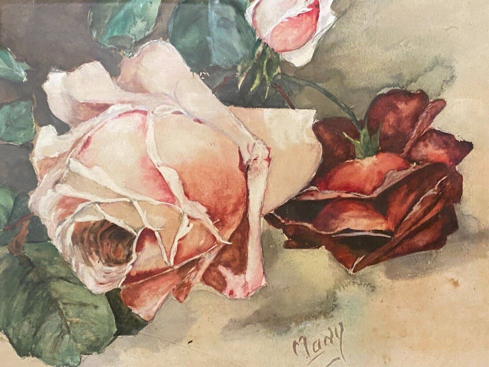 Watercolor by Many still life bouquet of roses early 20th century
