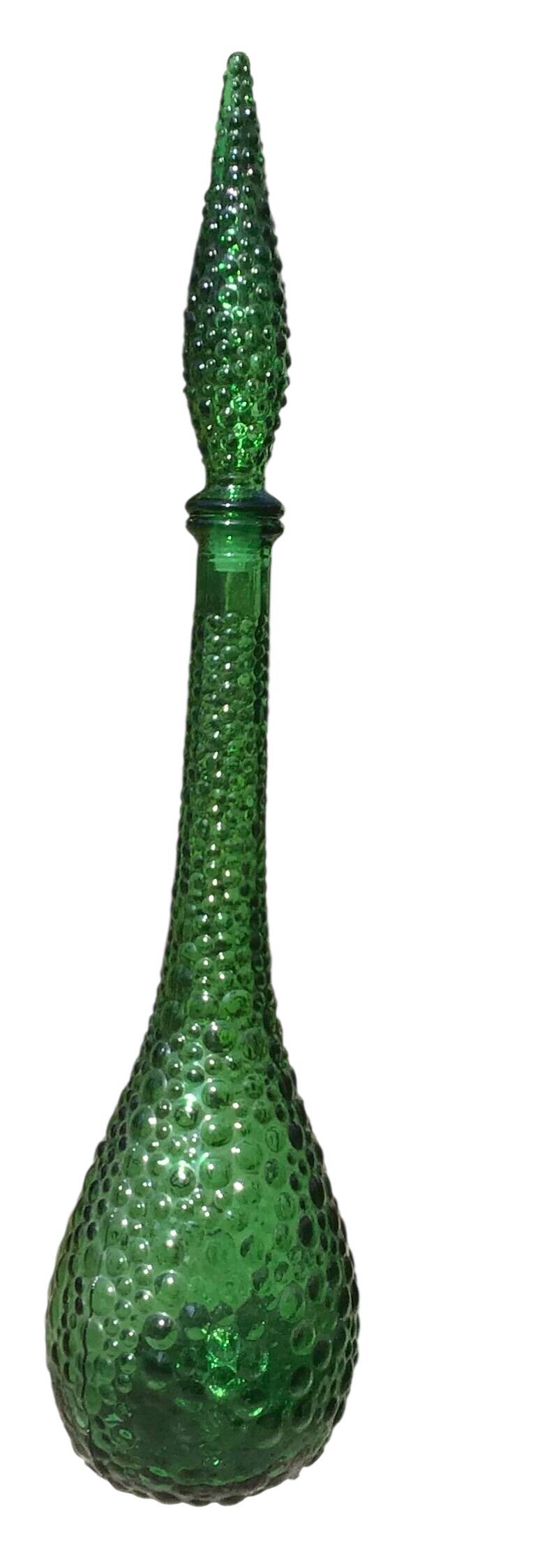 Large green Genie Empoli bubble glass bottle, Italy 1960s