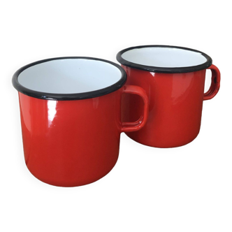Set of two red/orange enameled metal cups
