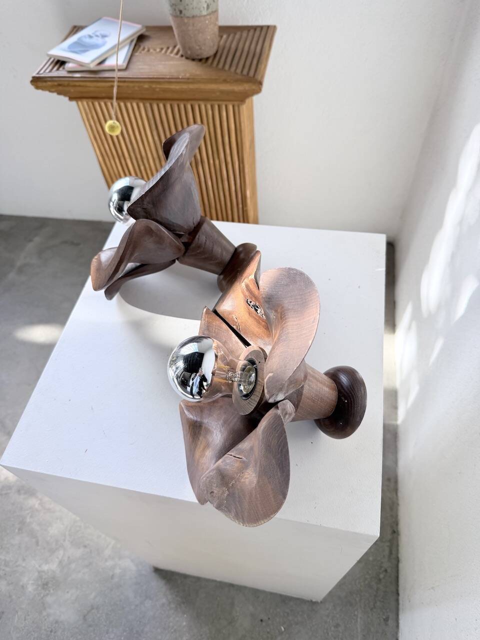 Pair of wooden flower wall lights from the 1970s.