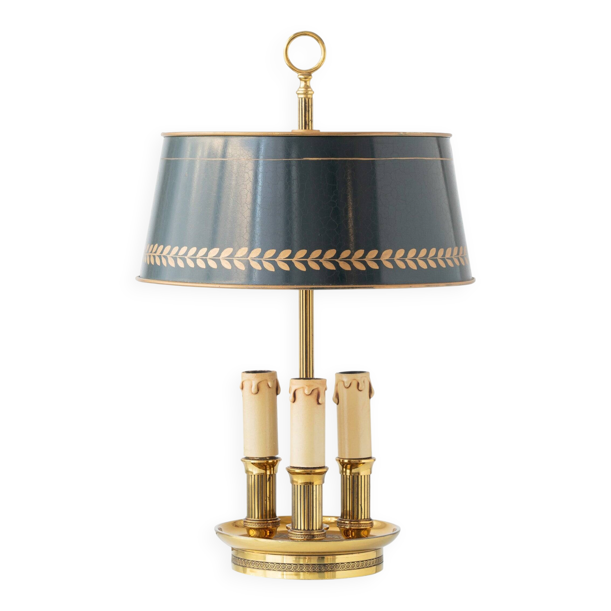 French Empire Bouillotte Lamp with Three Lights in Brass and a Gold-Plated Tin Shade with Laurel Design