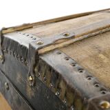 Wooden transport trunk with steel reinforcements