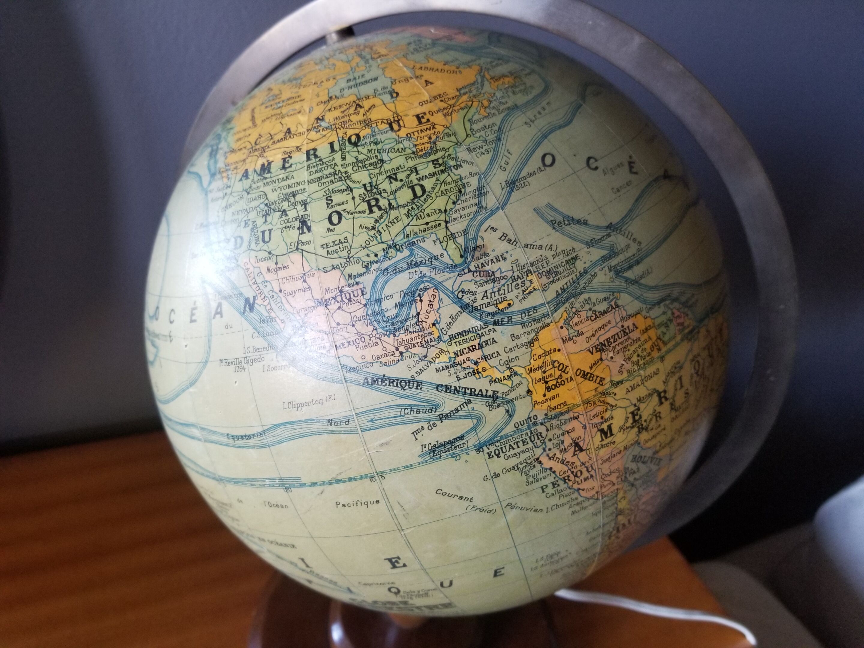 Ancient Light Earth Globe by Girard, Barrère and Thomas
