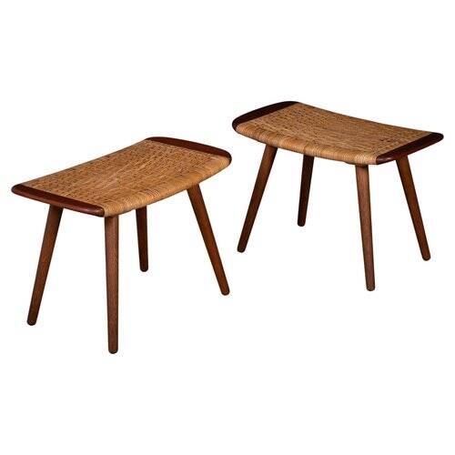 Teak and Woven Stools, Denmark, 1960s, Set of 2