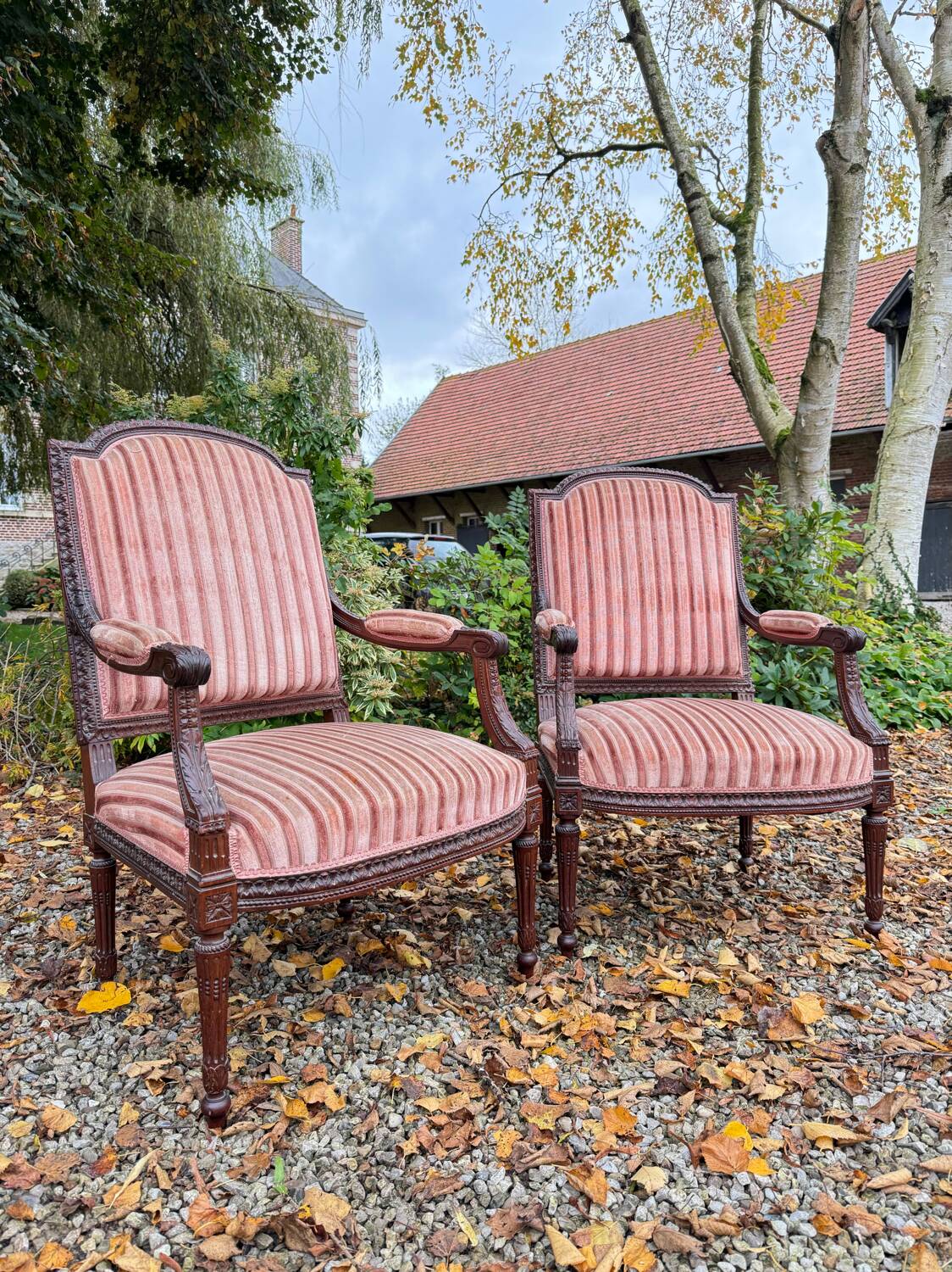 Pair of Louis XVI Style Mahogany Flat Back Armchairs, 19th Century