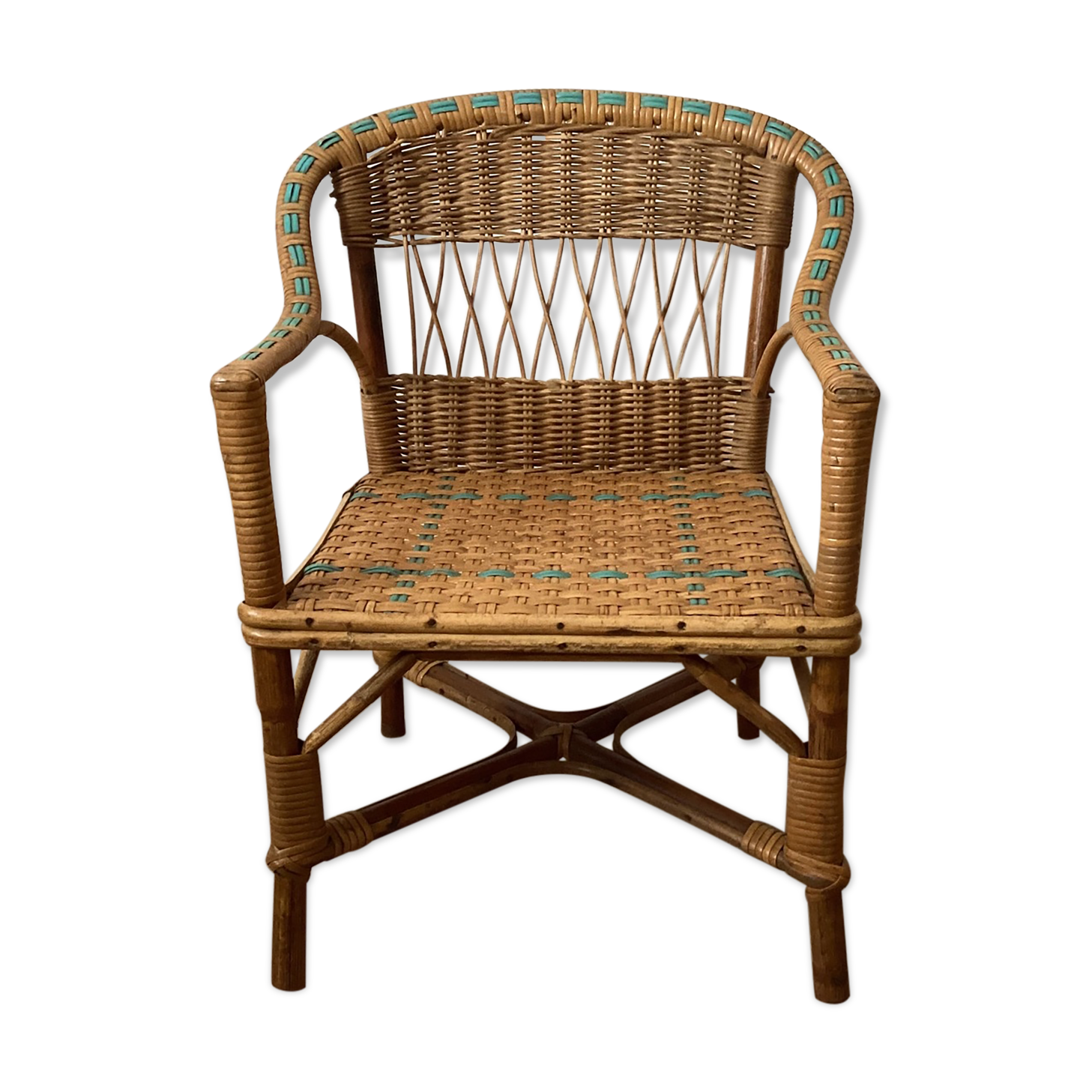 Children's armchair rattan / vintage blue