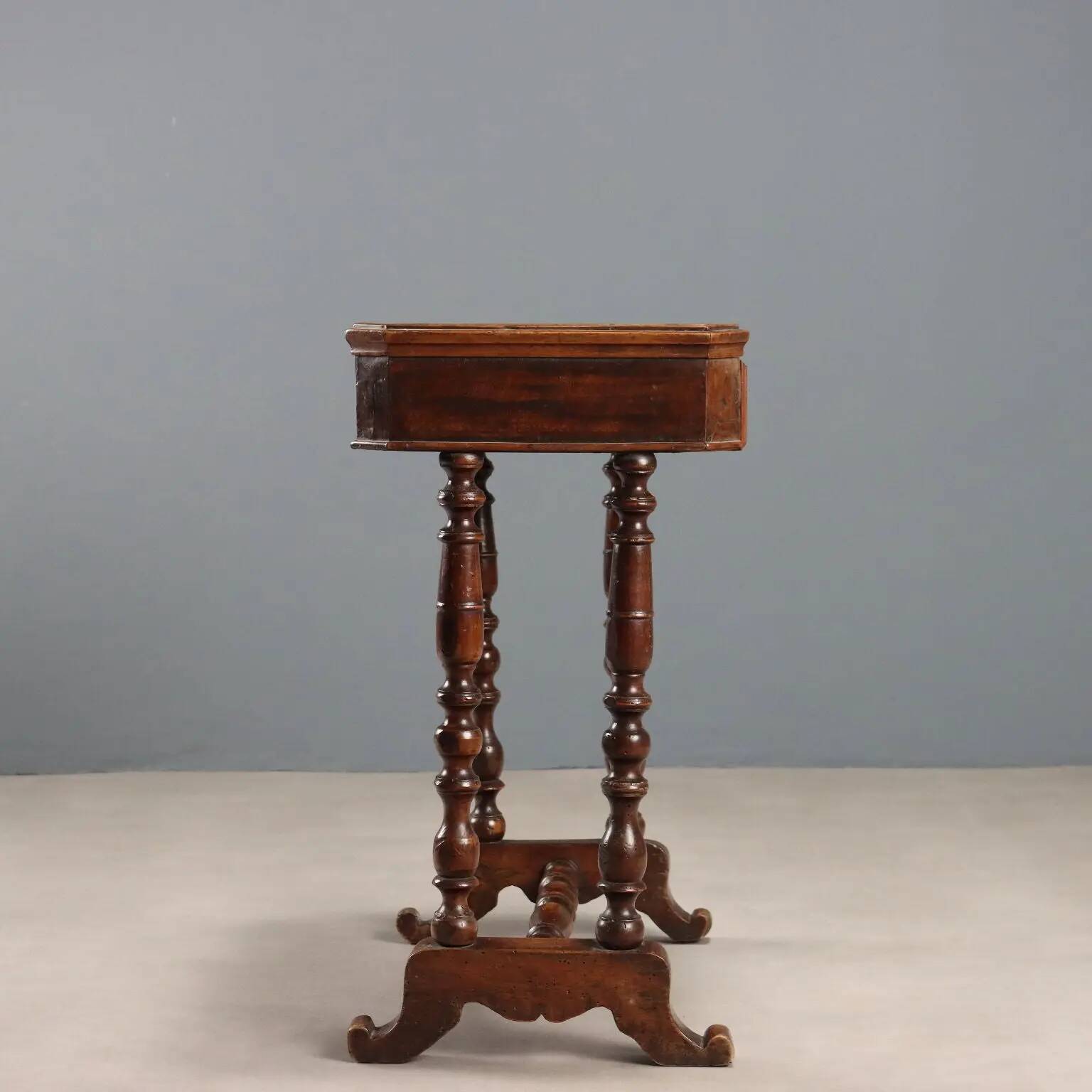 Antique walnut sewing table with drawer, Italy, mid-19th century.