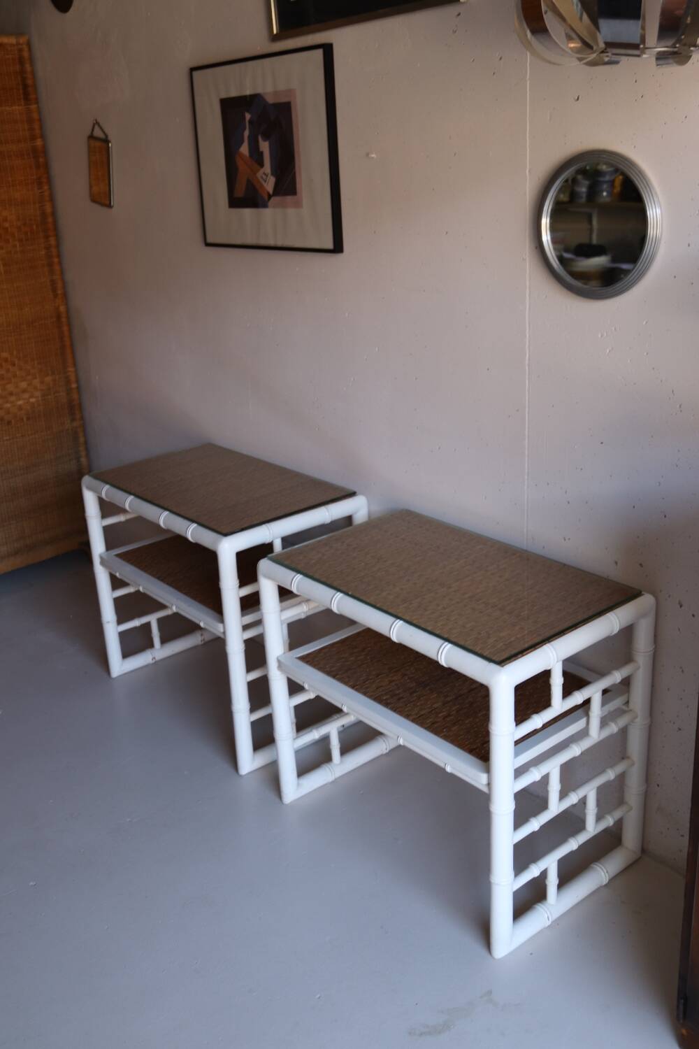 Pair of bedside tables in bamboo effect wood and woven wicker