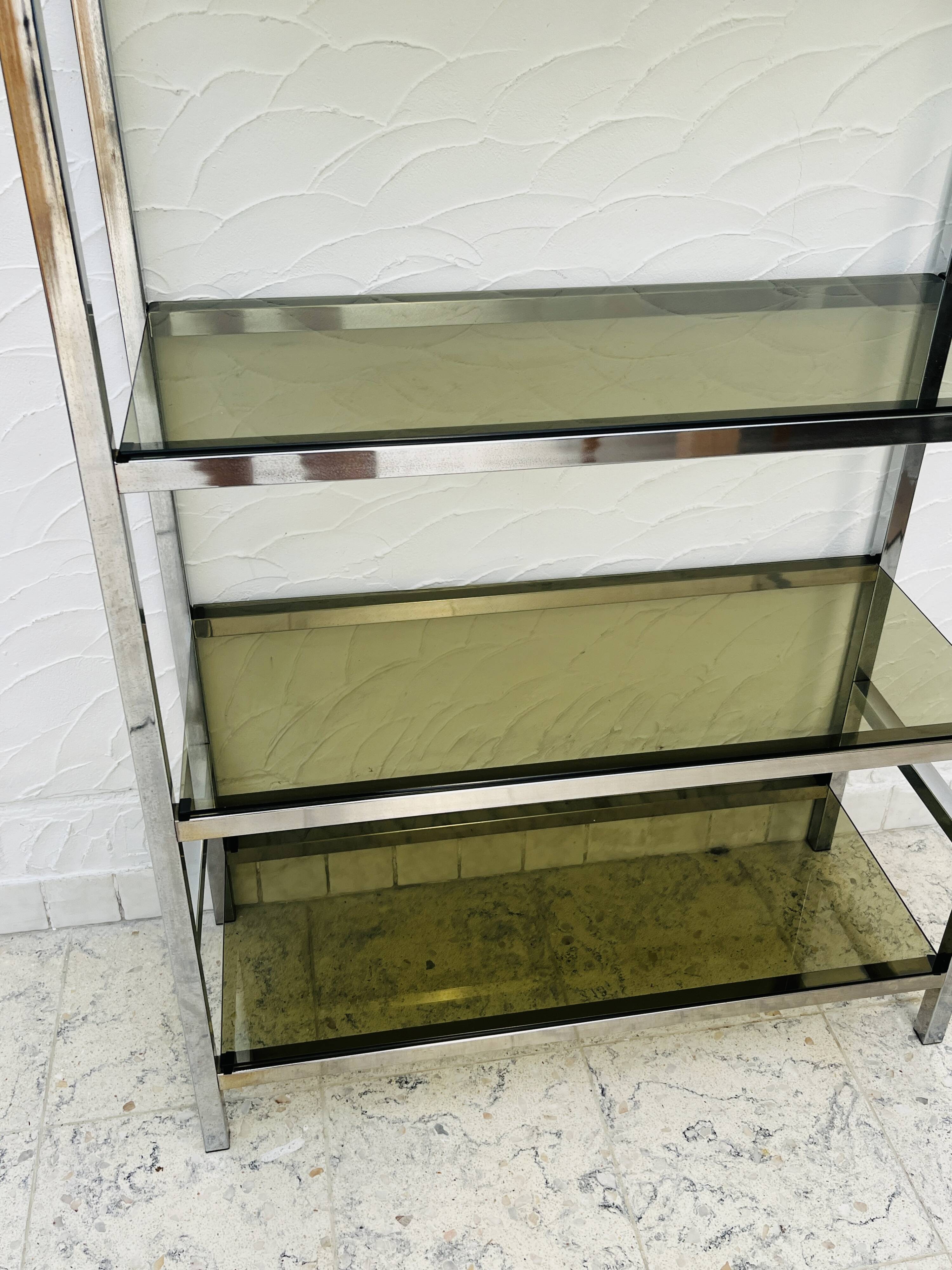 Chrome and smoked glass shelf in Italian 1970s style.