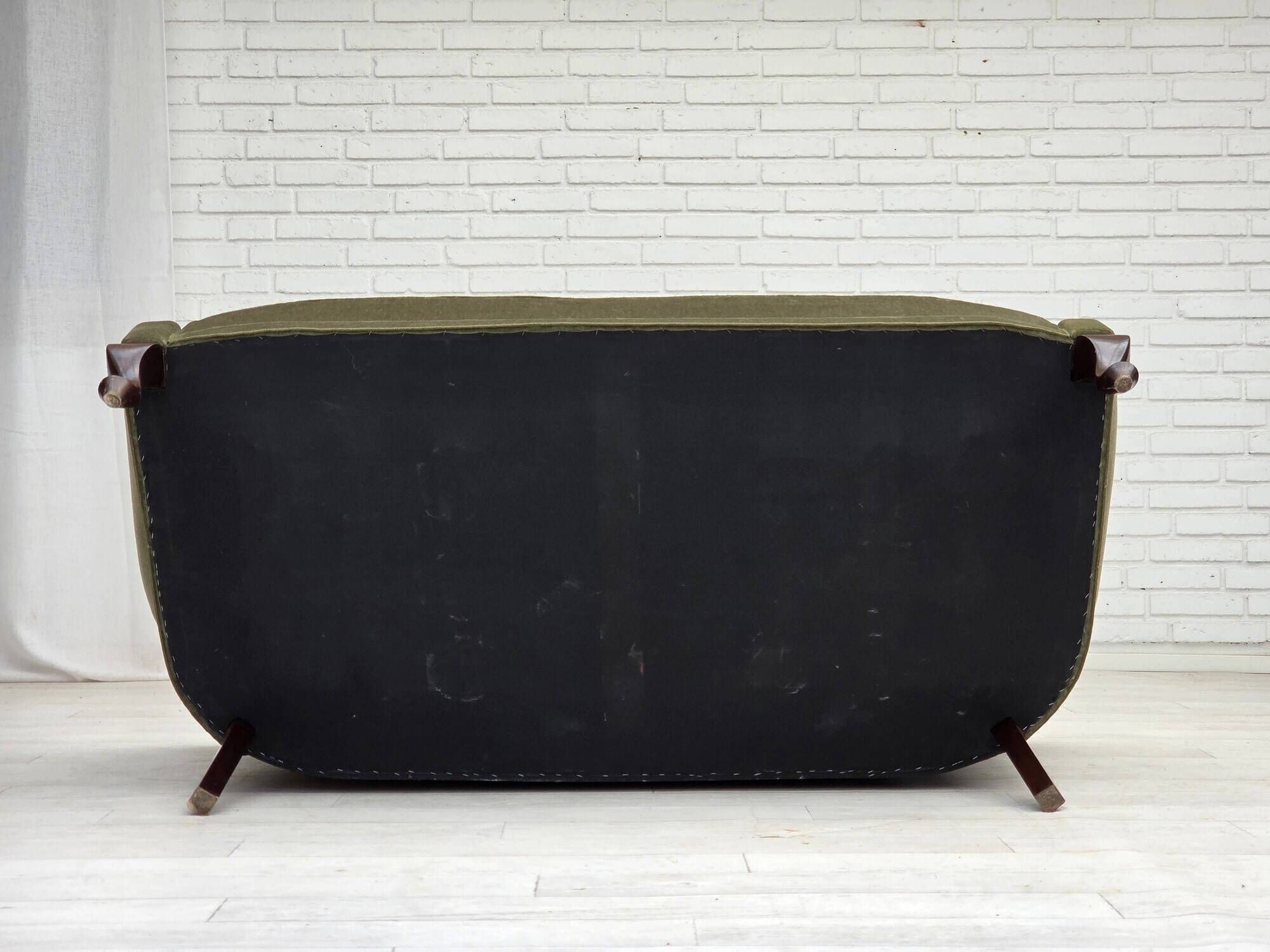 1960s, Danish 2-seater sofa, green furniture velour, beech wood.