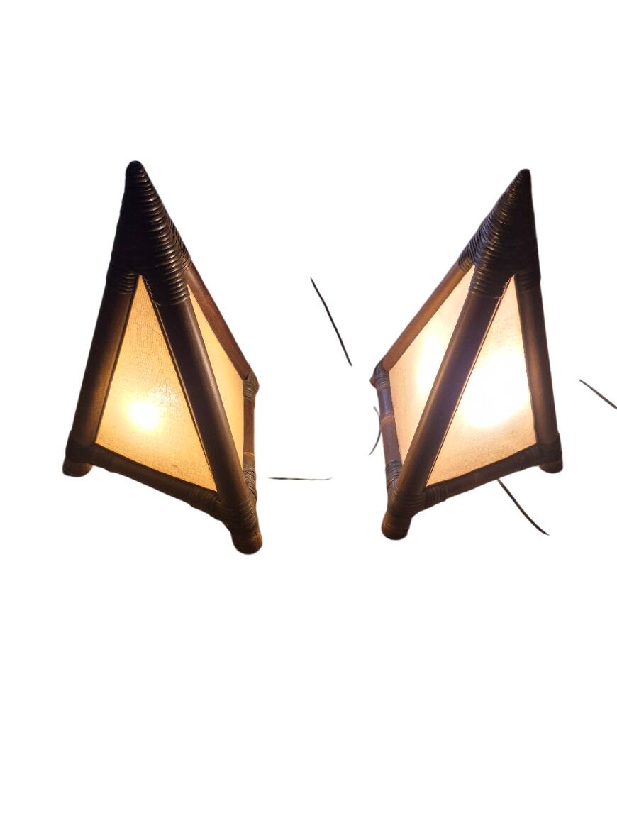 pairs of pyramid lamps in bamboo and fabric from 1960/1980