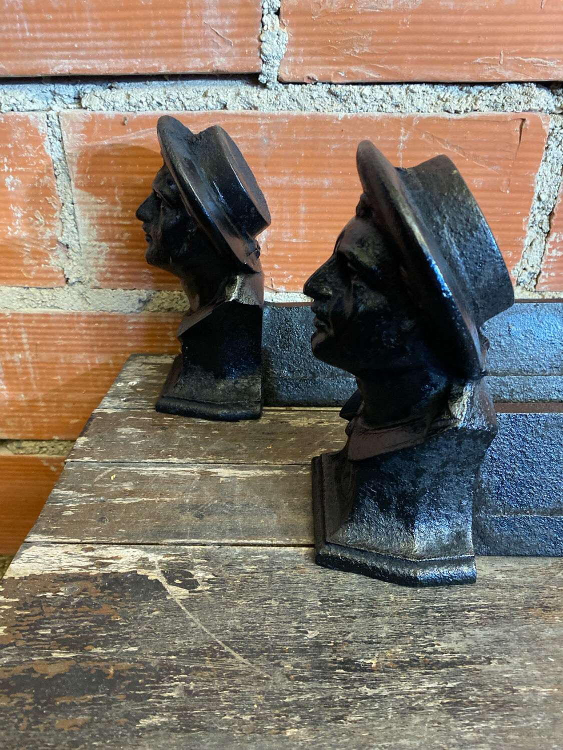 Pair of Fireplace Chenets Man with Hat Black Cast Iron Vintage #D703