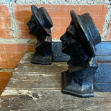 Pair of Fireplace Chenets Man with Hat Black Cast Iron Vintage #D703