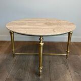 Brass coffee table with a white marble top.