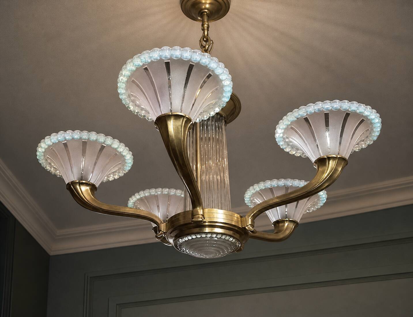 Art Deco chandelier signed Petitot opalescent glass