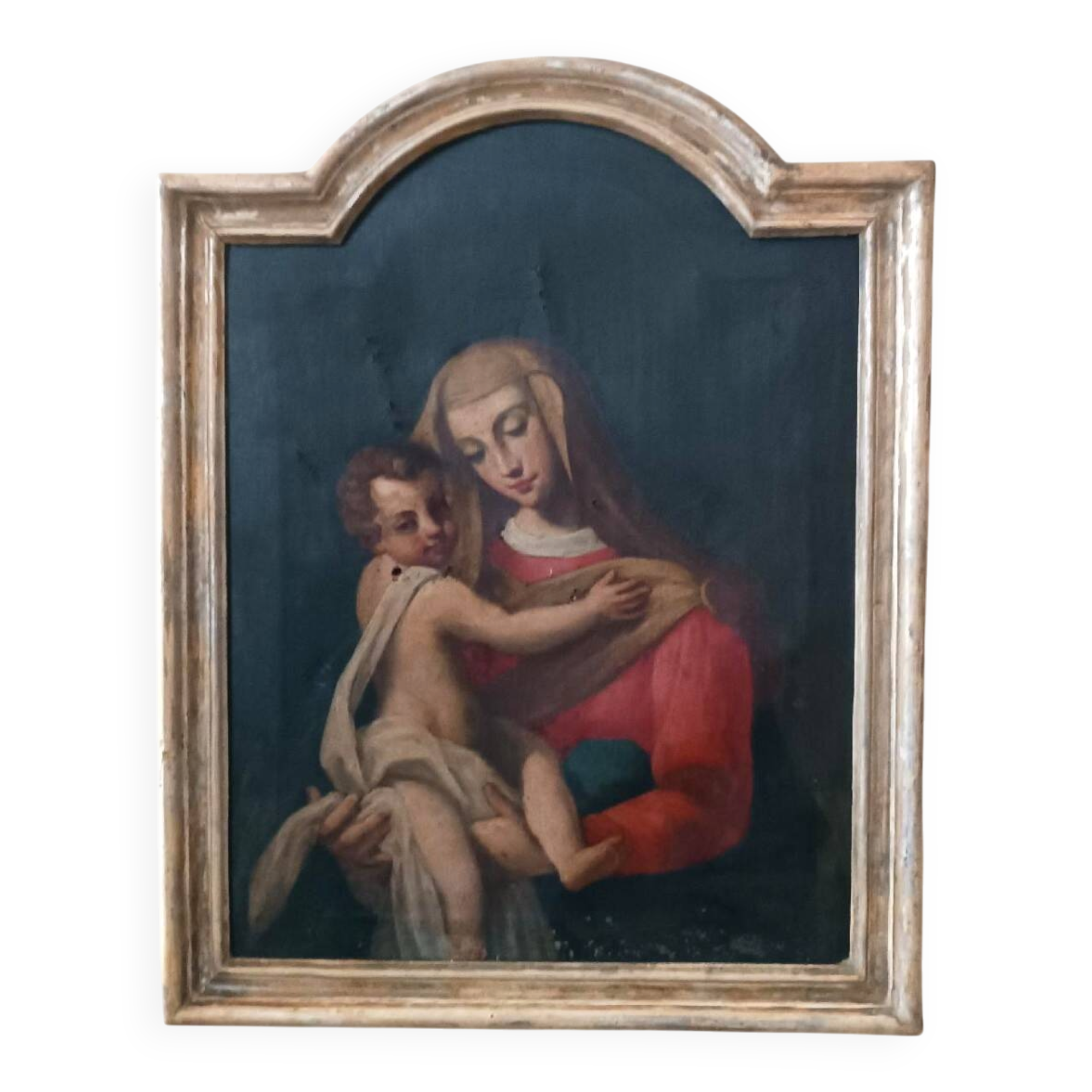 Old oil painting on canvas "Virgin Mary with Child"