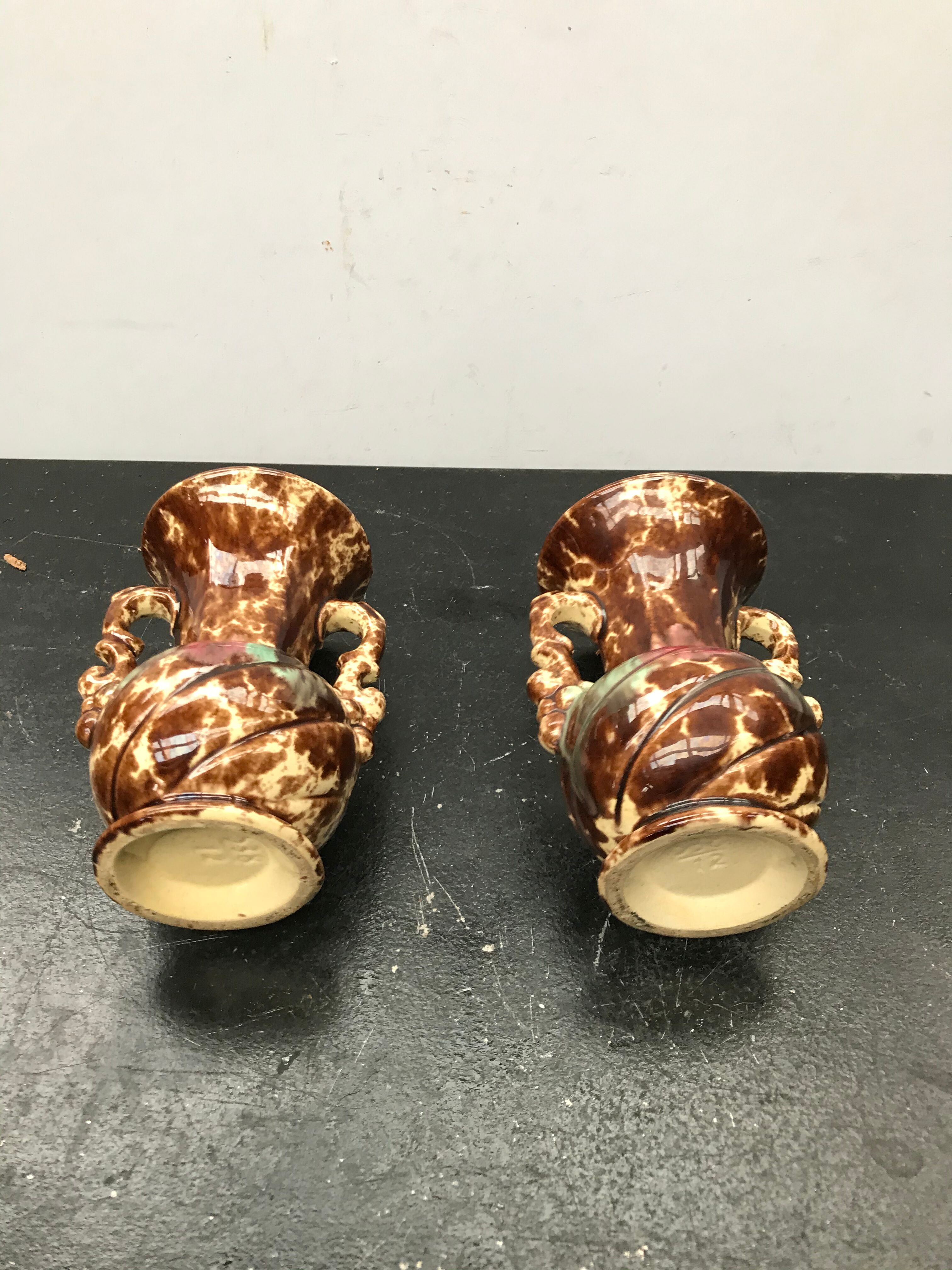 Pair of old vases with vintage beige brown ceramic handles