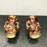 Pair of old vases with vintage beige brown ceramic handles