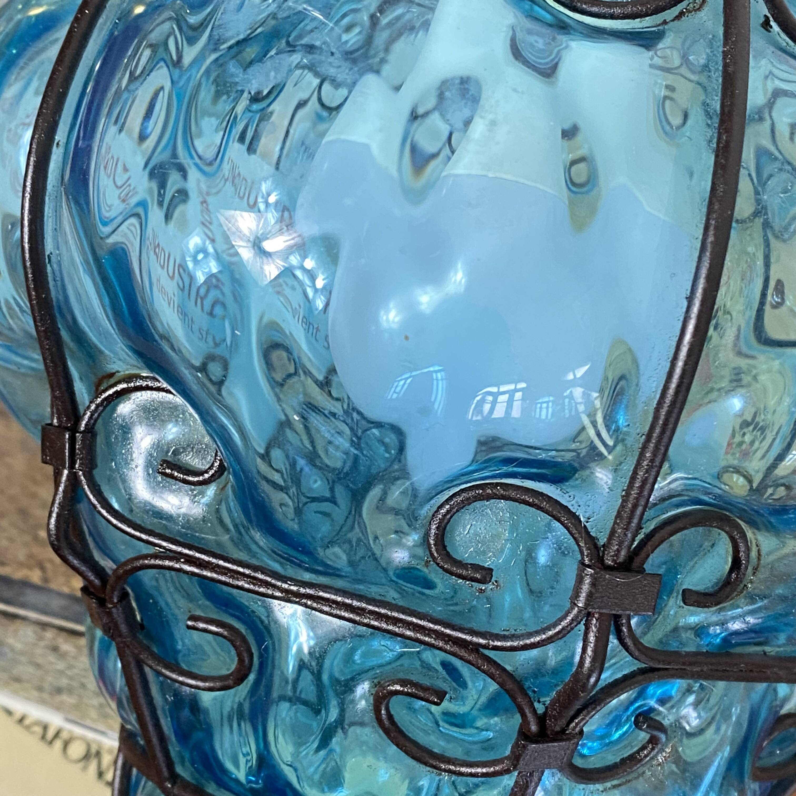 Old suspension glass cage blown Venetian lantern blue